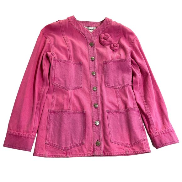 Chanel Hot Pink Denim Jacket With Removable Camelia Rosettes - Picture 1 of 6